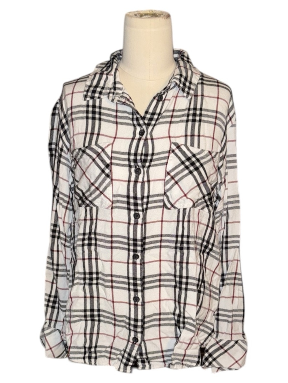 Sanctuary White Plaid Button-Up Shirt with Black & Red Lines